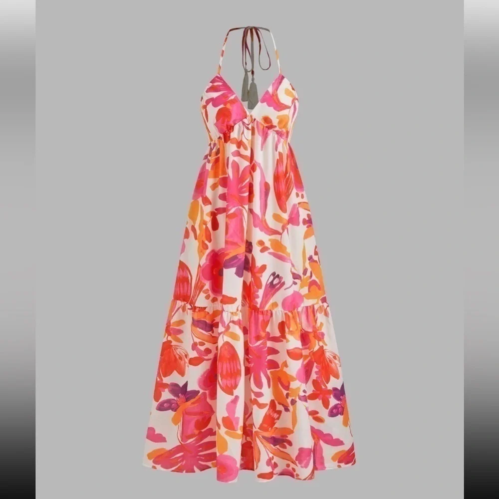 New ZARA Long Multicolored Print Midi Dress